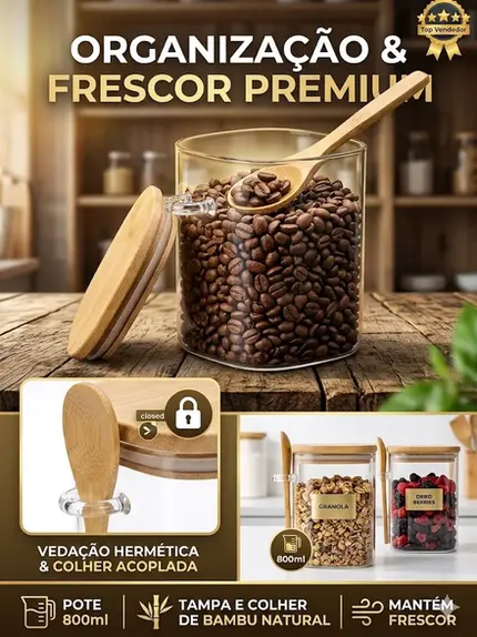PORTA MANTIMENTO EM VIDRO COM TAMPA E COLHER DE BAMBU 800ml D10xA12,5cm