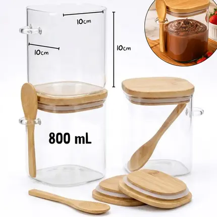PORTA MANTIMENTO EM VIDRO COM TAMPA E COLHER DE BAMBU 800ml D10xA12,5cm