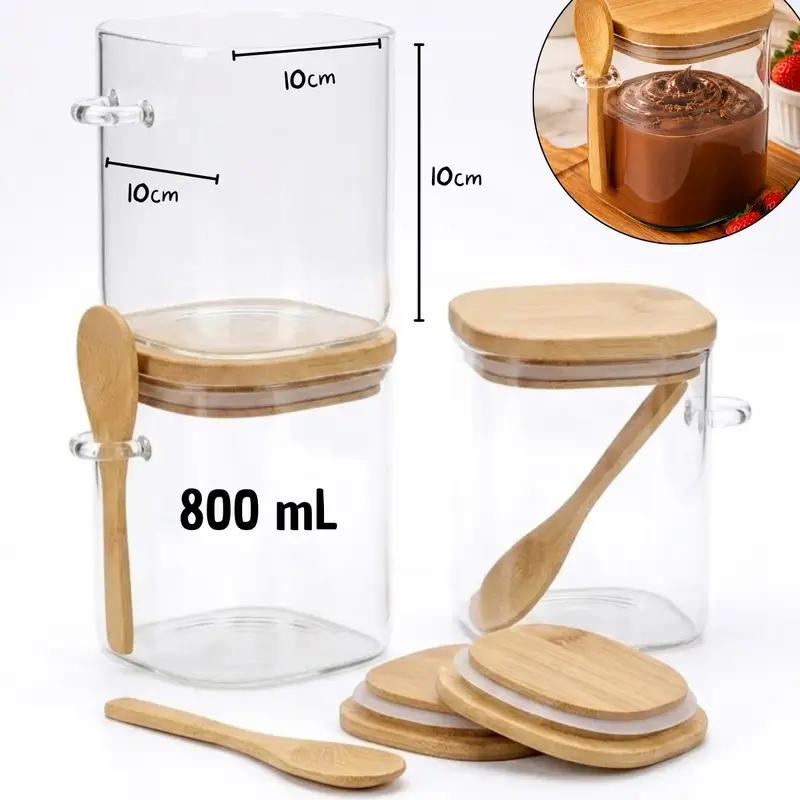 PORTA MANTIMENTO EM VIDRO COM TAMPA E COLHER DE BAMBU 800ml D10xA12,5cm