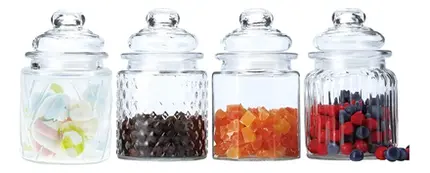JOGO COM 4 PORTA MANTIMENTOS EM VIDRO 300ml D8xA10,4cm