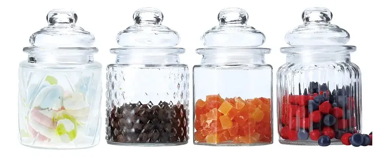 JOGO COM 4 PORTA MANTIMENTOS EM VIDRO 300ml D8xA10,4cm