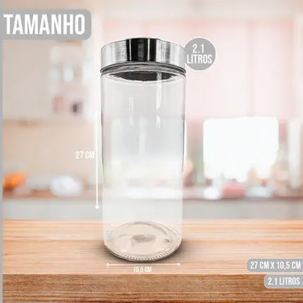 POTE REDONDO EM VIDRO COM TAMPA EM METALPRATA 2,2L