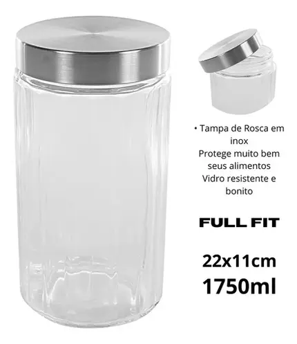 POTE REDONDO EM VIDRO COM TAMPA PRATA EM METAL 1,75L D11xA22cm