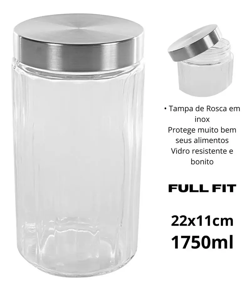 POTE REDONDO EM VIDRO COM TAMPA PRATA EM METAL 1,75L D11xA22cm