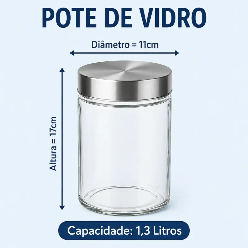 POTE REDONDO EM VIDRO COM TAMPA EM METAL PRATA 1,3L D11xA17cm