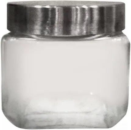 POTE QUADRADO EM VIDRO COM TAMPA EM METAL PRATA 790mL