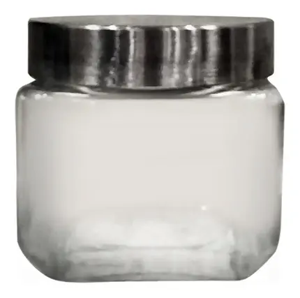 POTE QUADRADO EM VIDRO COM TAMPA EM METAL PRATA 790mL