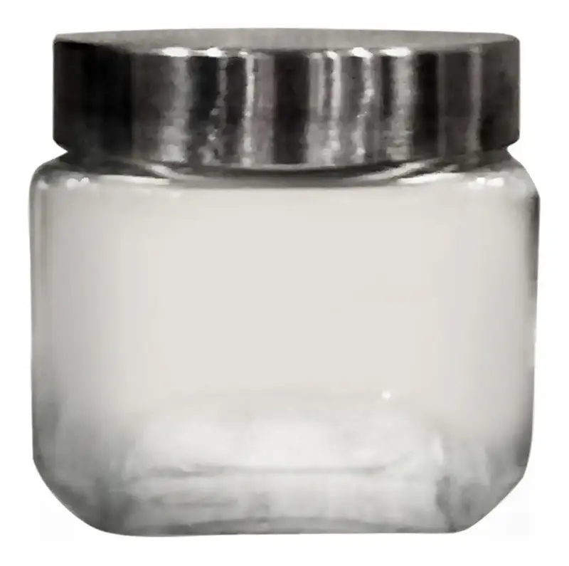 POTE QUADRADO EM VIDRO COM TAMPA EM METAL PRATA 790mL