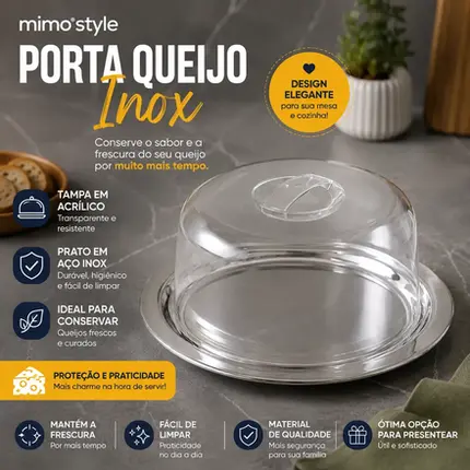 PORTA QUEIJO EM INOX COM TAMPA ACRILICA MIMO STYLE