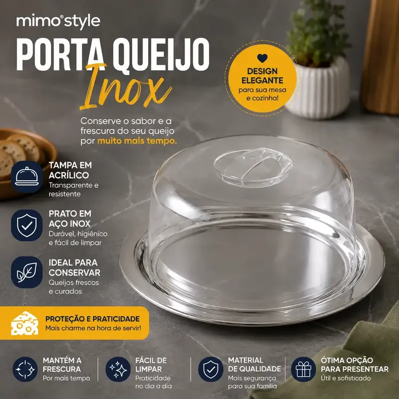 PORTA QUEIJO EM INOX COM TAMPA ACRILICA MIMO STYLE