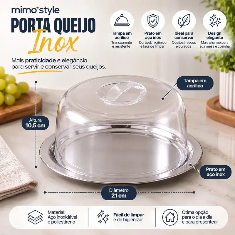 PORTA QUEIJO EM INOX COM TAMPA ACRILICA MIMO STYLE