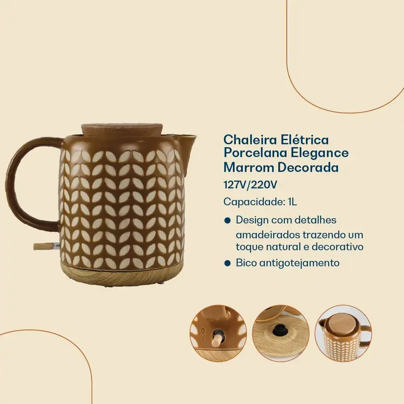 CHALEIRA ELETRICA PORCELANA ELEGANCE MARROM DEC 220V