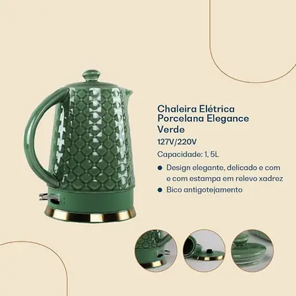 CHALEIRA ELETRICA PORCELANA ELEGANCE VERDE 127V
