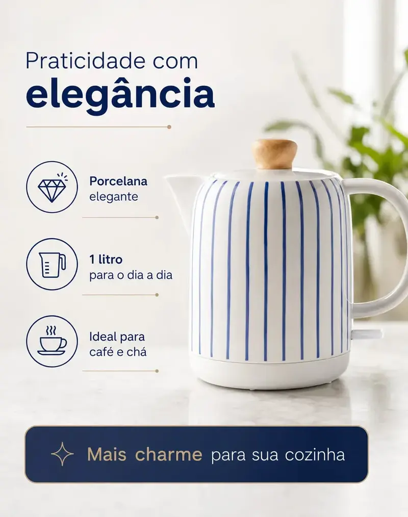 CHALEIRA ELETRICA PORCELANA ELEGANCE LISTRA AZUL 127V