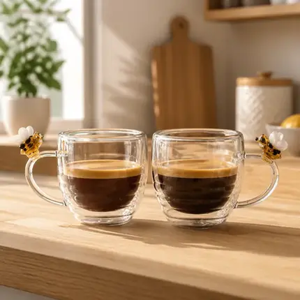 CONJUNTO 2 XICARAS DE CAFE PAREDE DUPLA DE VIDRO BOROSSILICATO LOVELY BEE 80ML